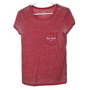 American Eagle Pink T-Shirt, X-Small, NYC Front Pocket, Round Neck, Short Sleeve